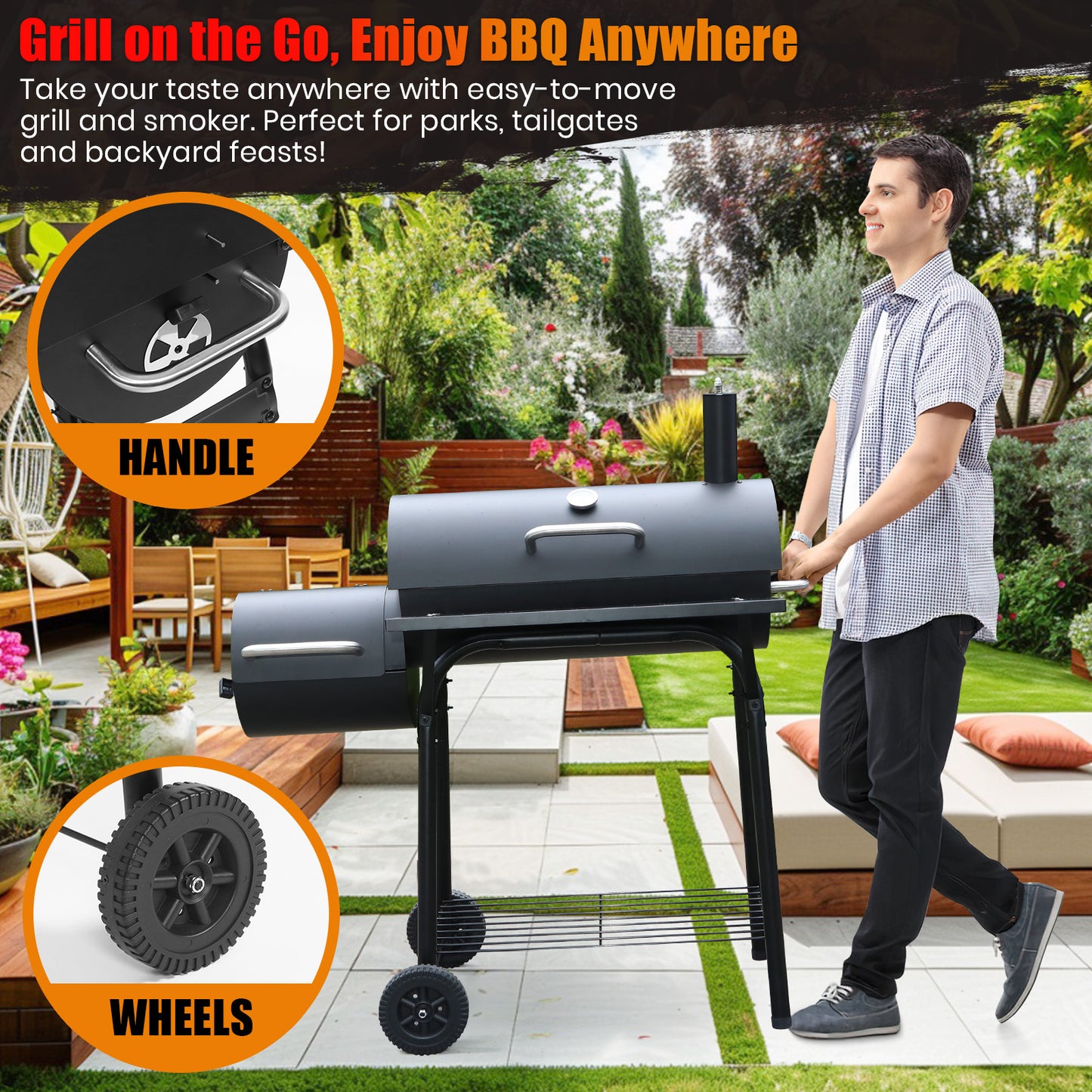Offset Charcoal Smoker with Spacious Barrel Grill: Perfect for Outdoor BBQs, Picnics, and Campfire Cookouts