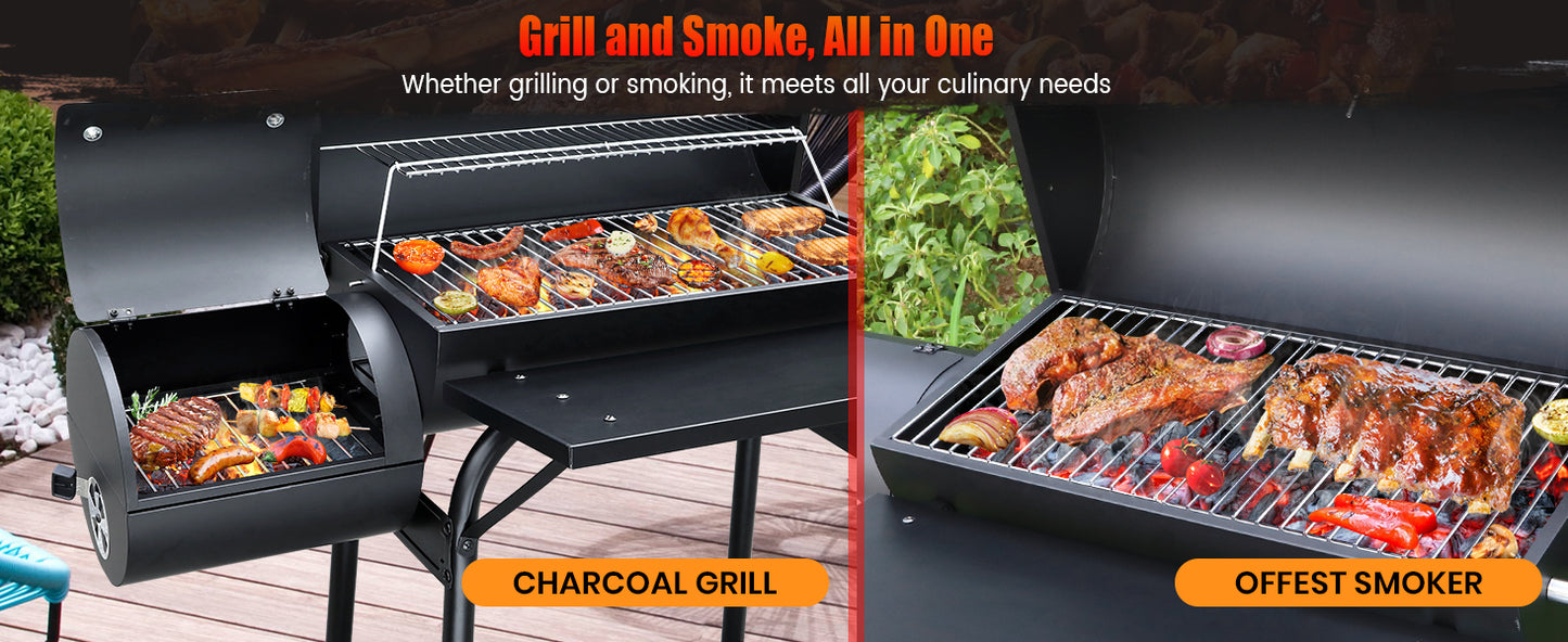 SUNLIFER Charcoal Grill Offset Smoker: Charcoal Barbecue Grills with Spacious Cooking Area | Barrel BBQ Grill and Smokers Combo for Outdoor Patio Backyard Camping and Parties