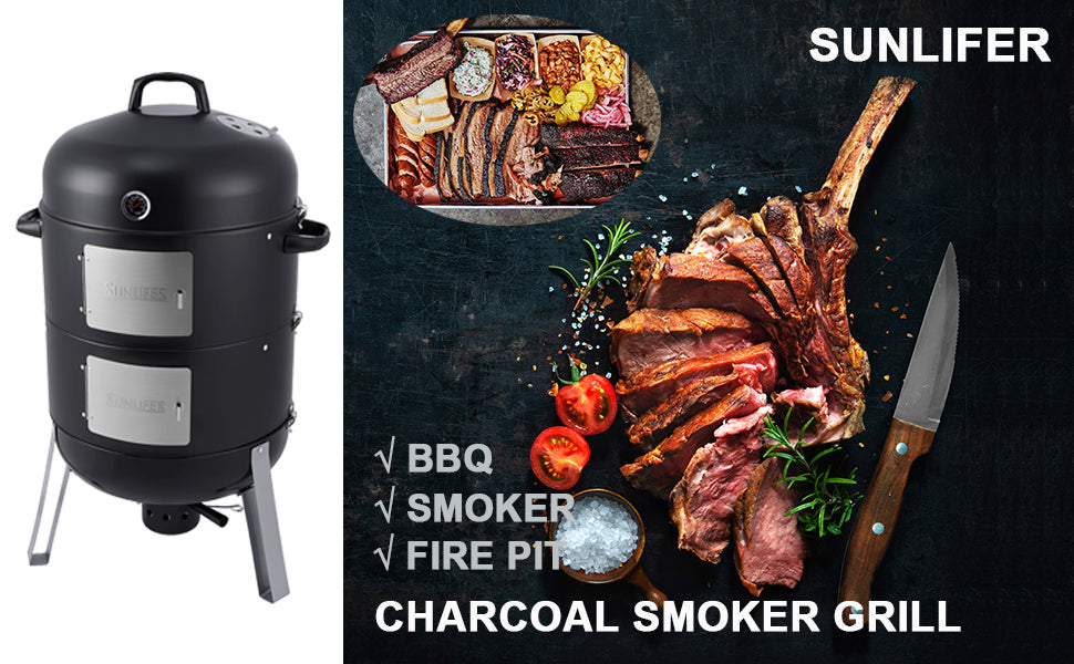 SUNLIFER 20.5 Inch Vertical Charcoal Smoker and Grill Combo, Heavy-Duty BBQ Smokers for Outdoor Cooking Camping