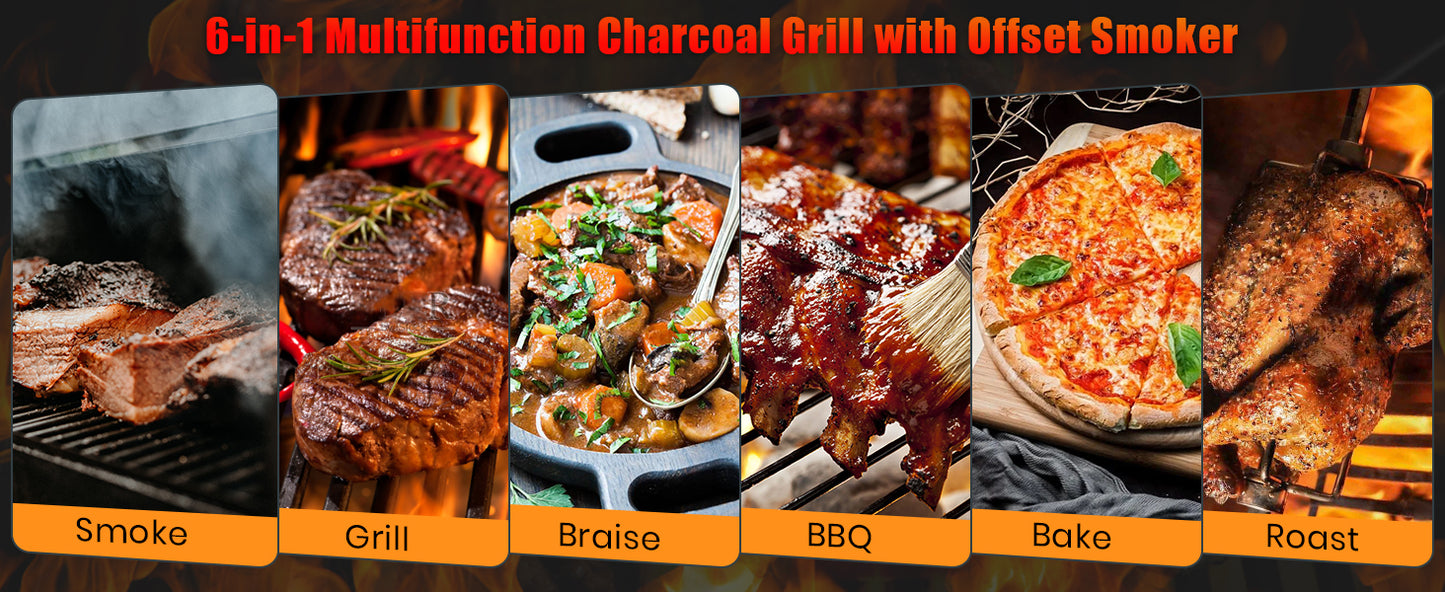 SUNLIFER Charcoal Grill Offset Smoker: Charcoal Barbecue Grills with Spacious Cooking Area | Barrel BBQ Grill and Smokers Combo for Outdoor Patio Backyard Camping and Parties