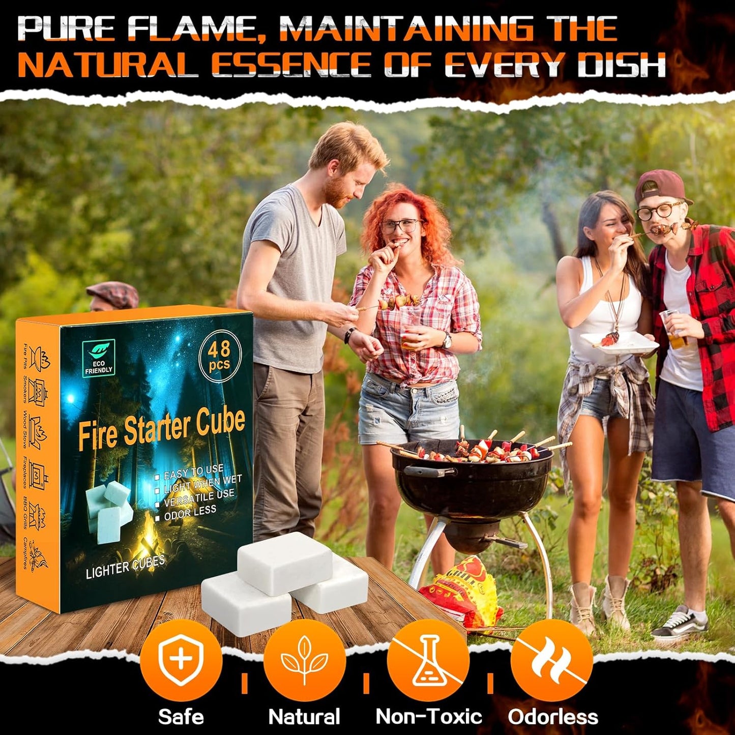 Natural Fire Starter for Fireplaces: 144 Premium Odorless Fire Starters Squares | Waterproof Quick Firestarters Cubes for Campfires | Wood Stove | Grills | Fire Pit | Smokers