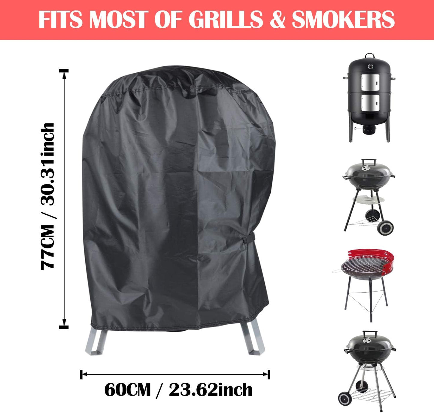 BBQ Cover, Round Waterproof Heavy Duty Barbecue Cover with 210D Oxford Fabric, Fits Sunlifer 20.5 inch Charcoal Smoker Grill Rip-Proof, UV & Water-Resistant (23.6x23.6x30 Inch)