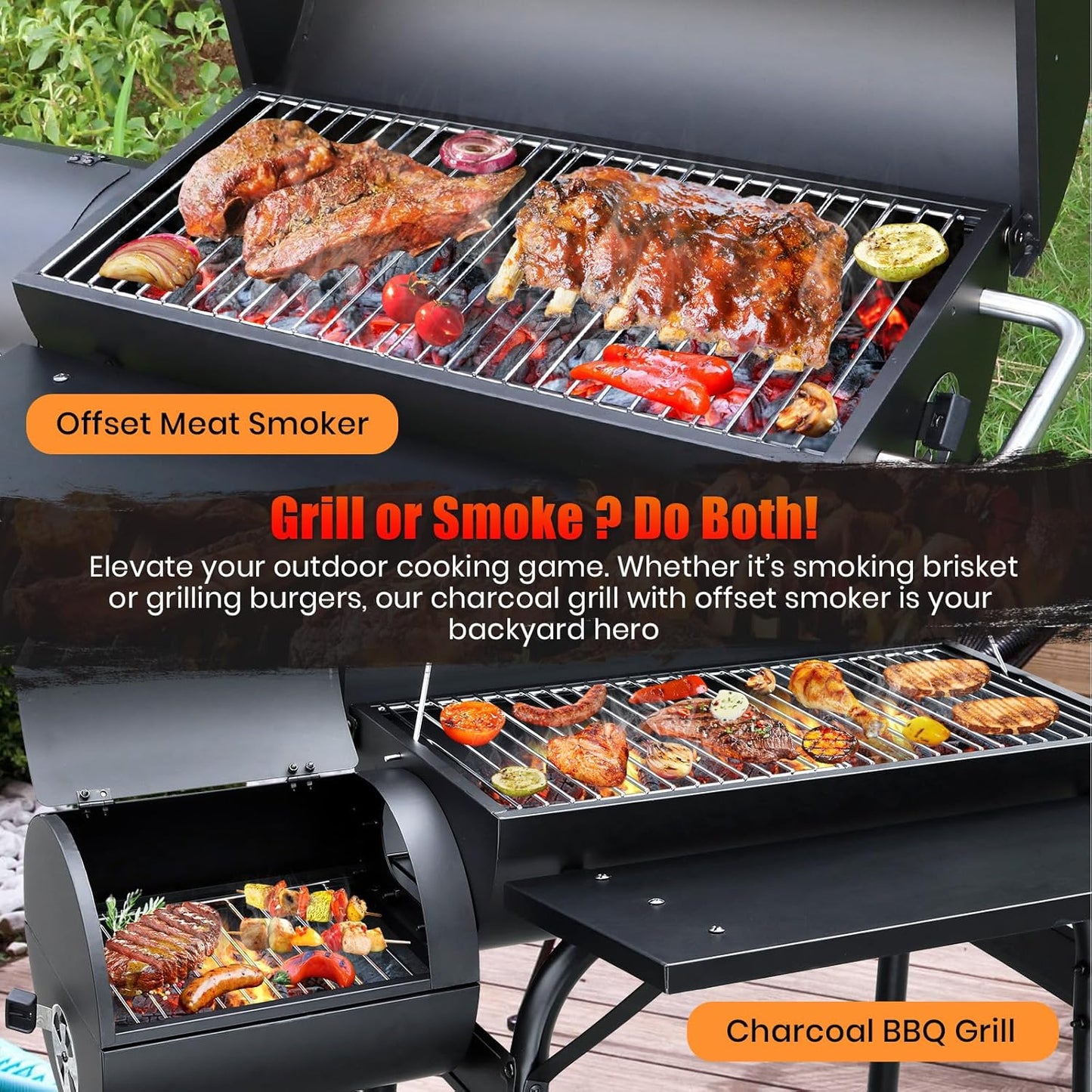 Charcoal Grill Offset Smoker: Charcoal Barbecue Grills with Spacious Cooking Area | Barrel BBQ Grill and Smokers Combo for Outdoor Patio Backyard Camping and Parties