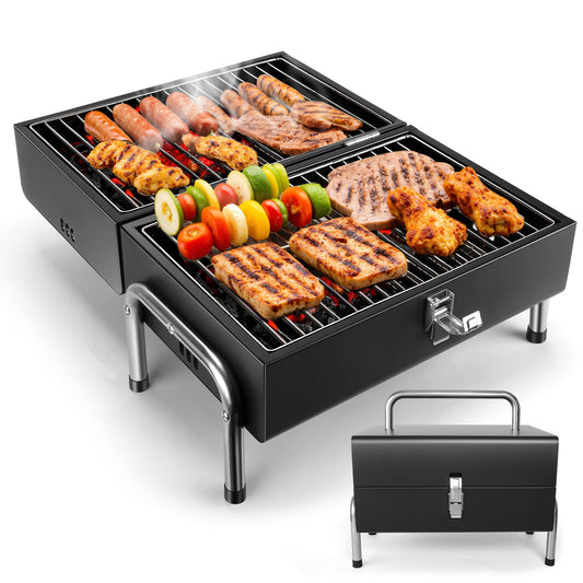 Portable Charcoal Grill, Table Top Small BBQ Grill For Outdoor, Camping, Beach, Easy Assembly, Heavy Duty & Multi-Use Small Grill, Black (270 Sq.In)
