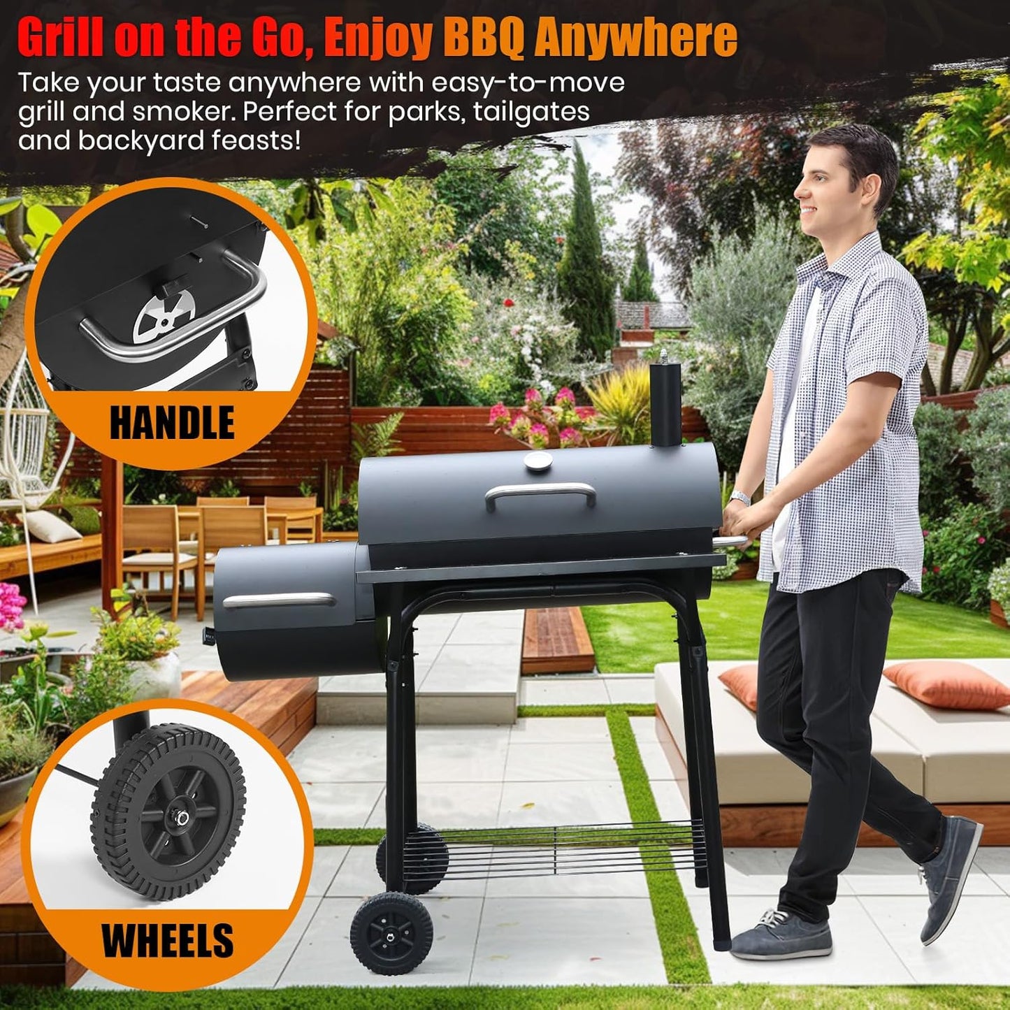 Charcoal Grill Offset Smoker: Charcoal Barbecue Grills with Spacious Cooking Area | Barrel BBQ Grill and Smokers Combo for Outdoor Patio Backyard Camping and Parties