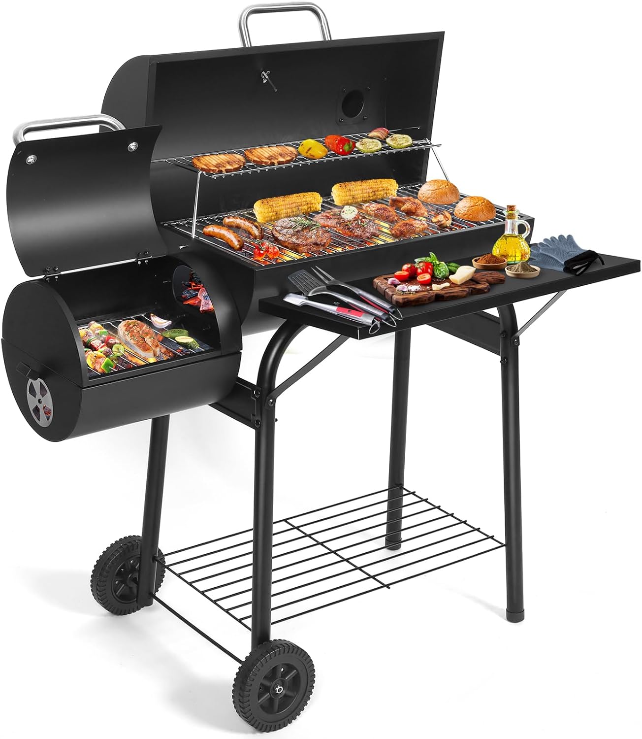 Charcoal Grill Offset Smoker: Charcoal Barbecue Grills with Spacious Cooking Area | Barrel BBQ Grill and Smokers Combo for Outdoor Patio Backyard Camping and Parties