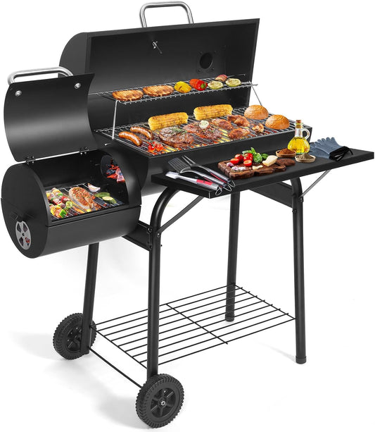 Charcoal Grill Offset Smoker: Charcoal Barbecue Grills with Spacious Cooking Area | Barrel BBQ Grill and Smokers Combo for Outdoor Patio Backyard Camping and Parties