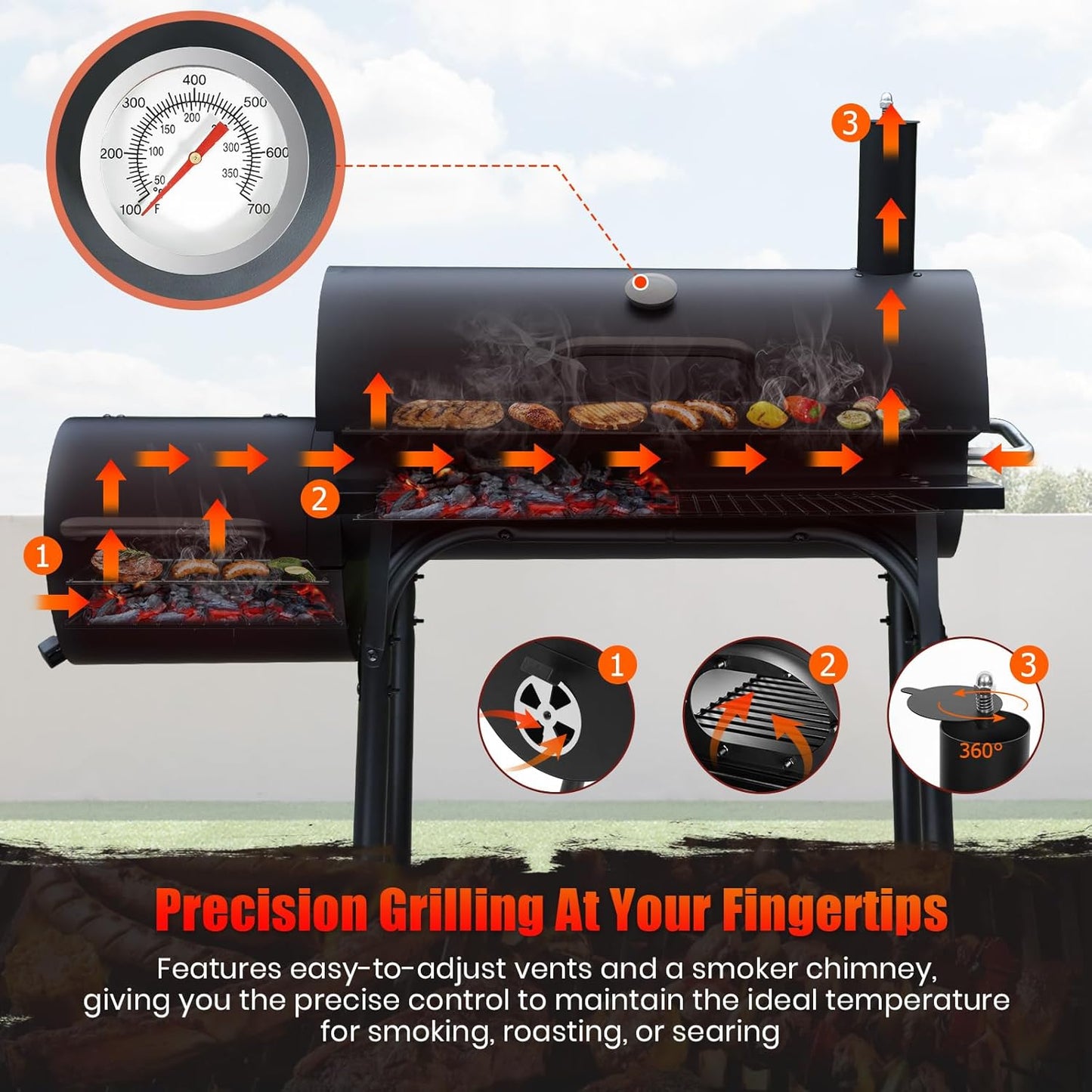 Charcoal Grill Offset Smoker: Charcoal Barbecue Grills with Spacious Cooking Area | Barrel BBQ Grill and Smokers Combo for Outdoor Patio Backyard Camping and Parties